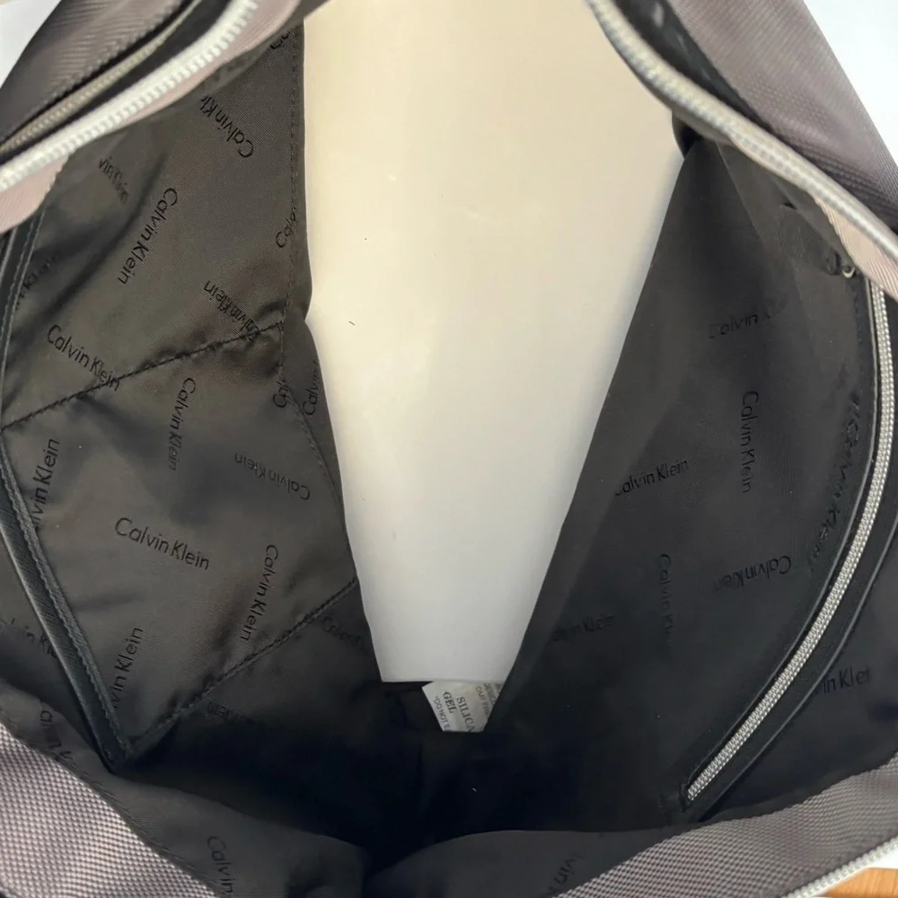 Calvin Klein Large Nylon Zip Tote Bag Gunmetal Gray Logo Straps Travel Work NEW